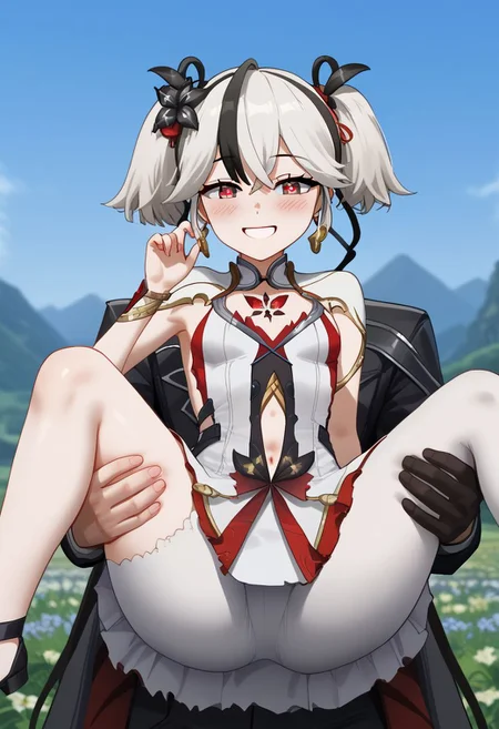 1girl, 1boy, blush, black hair, hair ornament, dress, navel, short twintails, jewelry, flower, white hair, multicolored hair, small breasts, slate eyes, red pupils, diamond-shaped pupils, submissive pose, Camellya, tacet mark \(wuthering waves\), pov, princess carry, meadow, Male Rover \(Wuthering Waves\), smile