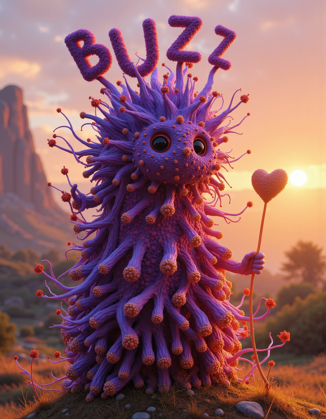 A fractal spiritual being made of purple and orange flower-like buds is standing tall and composing the word "BUZZ" in the air above it, stunning photograph, incredible detail, tiny details are captured, awesome scene, the sun is setting and long shadows are cast,