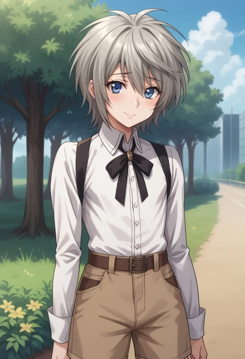 score_9, score_8_up, score_7_up, source_anime, highly detailed,
shiina, solo, blue eyes, male focus, 1boy, shorts, upper body, grey hair, standing, long sleeves, looking at viewer, androgynous, brown shorts, ribbon, neck ribbon, blue eyes, shirt, white shirt, smile, shy, blush,
outdoor, sky, tree