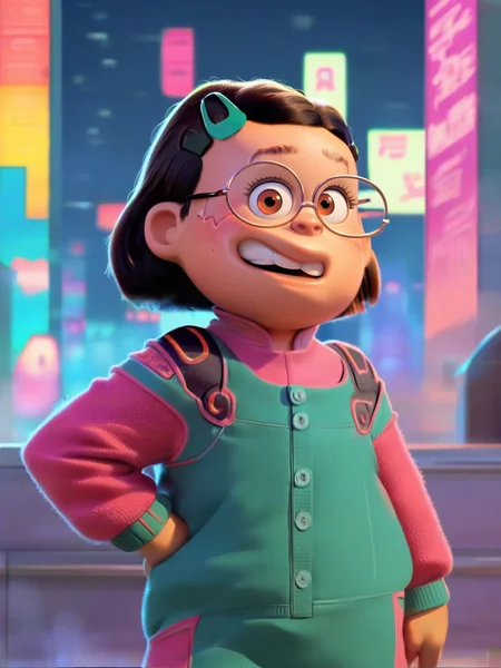 <lora:Mai_lee:0.9> m_l, 1girl, small body, plump, brown eyes, short hair, black hair, glasses, mint hairpin,    ((cyberpunk outfit)), night city background, score_9, score_8_up, score_7_up,