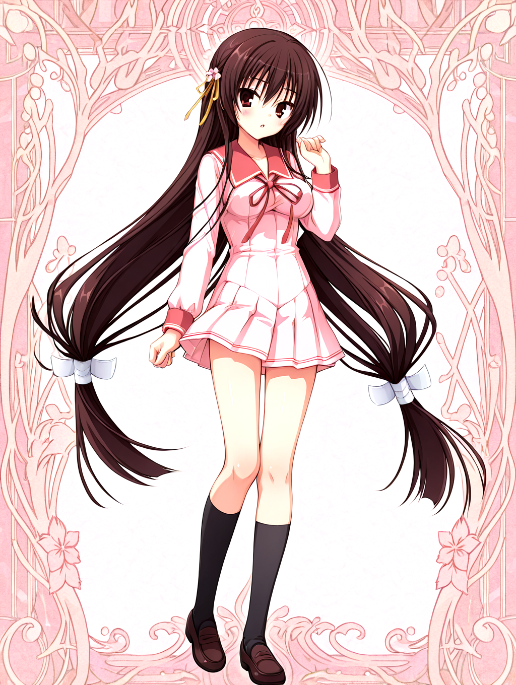<lora:sakuyahime-tenshin-000009:1>,il-unohana-sakuya,1girl,schoolkamiseara,red eyes,school uniform,brown hair,(red thin neck_ribbon),solo,pink serafuku,red sailor collar,very long hair,sakura flower yellow hair ribbon,black socks,pleated skirt,brown loafers,
<lora:add-detail-xl:1>,<lora:ponyv4_noob1_2_adamW-000017:0.8>,wear clothes,