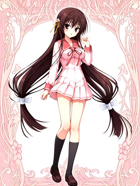 <lora:sakuyahime-tenshin-000009:1>,il-unohana-sakuya,1girl,schoolkamiseara,red eyes,school uniform,brown hair,(red thin neck_ribbon),solo,pink serafuku,red sailor collar,very long hair,sakura flower yellow hair ribbon,black socks,pleated skirt,brown loafers,
<lora:add-detail-xl:1>,<lora:ponyv4_noob1_2_adamW-000017:0.8>,wear clothes,