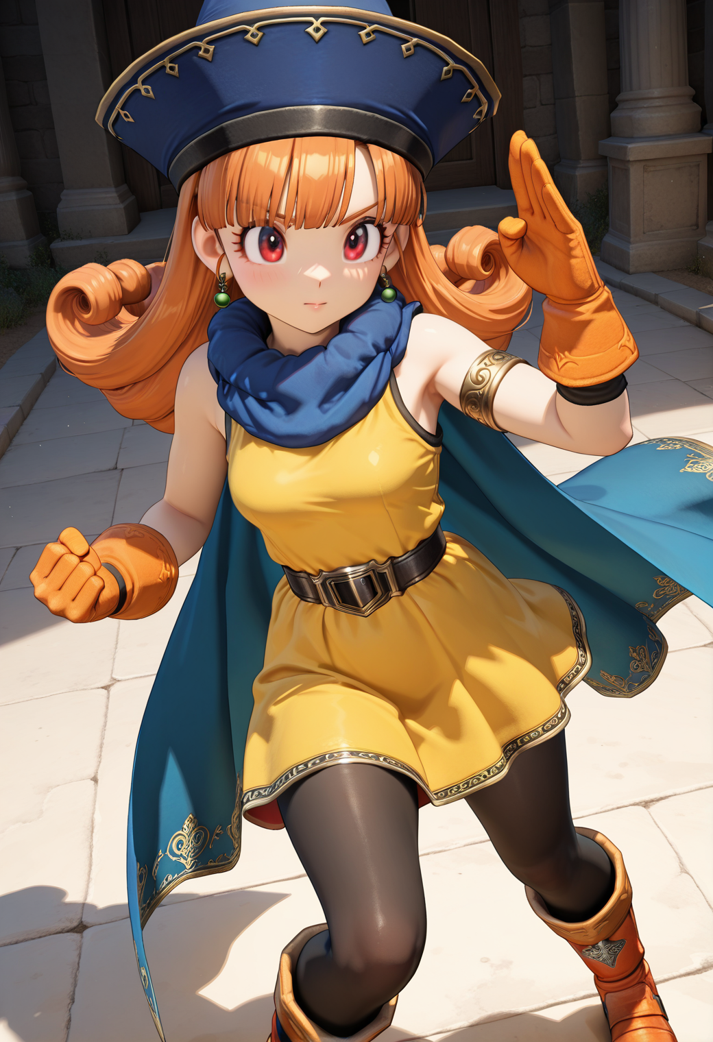 masterpiece, best quality, very aesthetic, absurdres, 1girl, solo,
<lora:dqh2_alena_v01:0.6>, dqh2_alena, orange hair, long hair, curly hair, red eyes,
hat, earrings, blue cape, yellow dress, sleeveless, single armlet, orange gloves, belt, black pantyhose, orange boots, posing, fighting stance