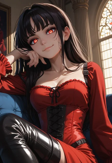 (score_9, score_8_up, score_7_up), 1girl, solo, black hair, messy bangs,
cleavage,
red glowing eyes, long hair,medium breasts, (goth:1.1), knee up, strapped boots,
red dress, long dress, black corset, BREAK,
mansion, indoors,shiny skin, (face focus, close-up:1.4),  reclining,
(hq shading, hq lighting, detailed skin, wide hips:1.2), 
 (dutch angle, night, warm light:1.2), (smug:1.1),