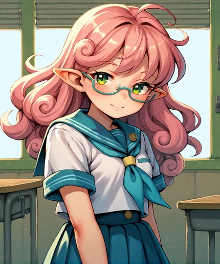 2d, (score_9, score_8_up, score_7_up, score_6_up, score_5_up, score_4_up), cute, looking at viewer, room
BREAK <lora:windy_PDXL:0.9> p_windy, solo, pink hair, curly hair, long hair, green eyes, pointy ears,
school uniform, serafuku, tall, glasses