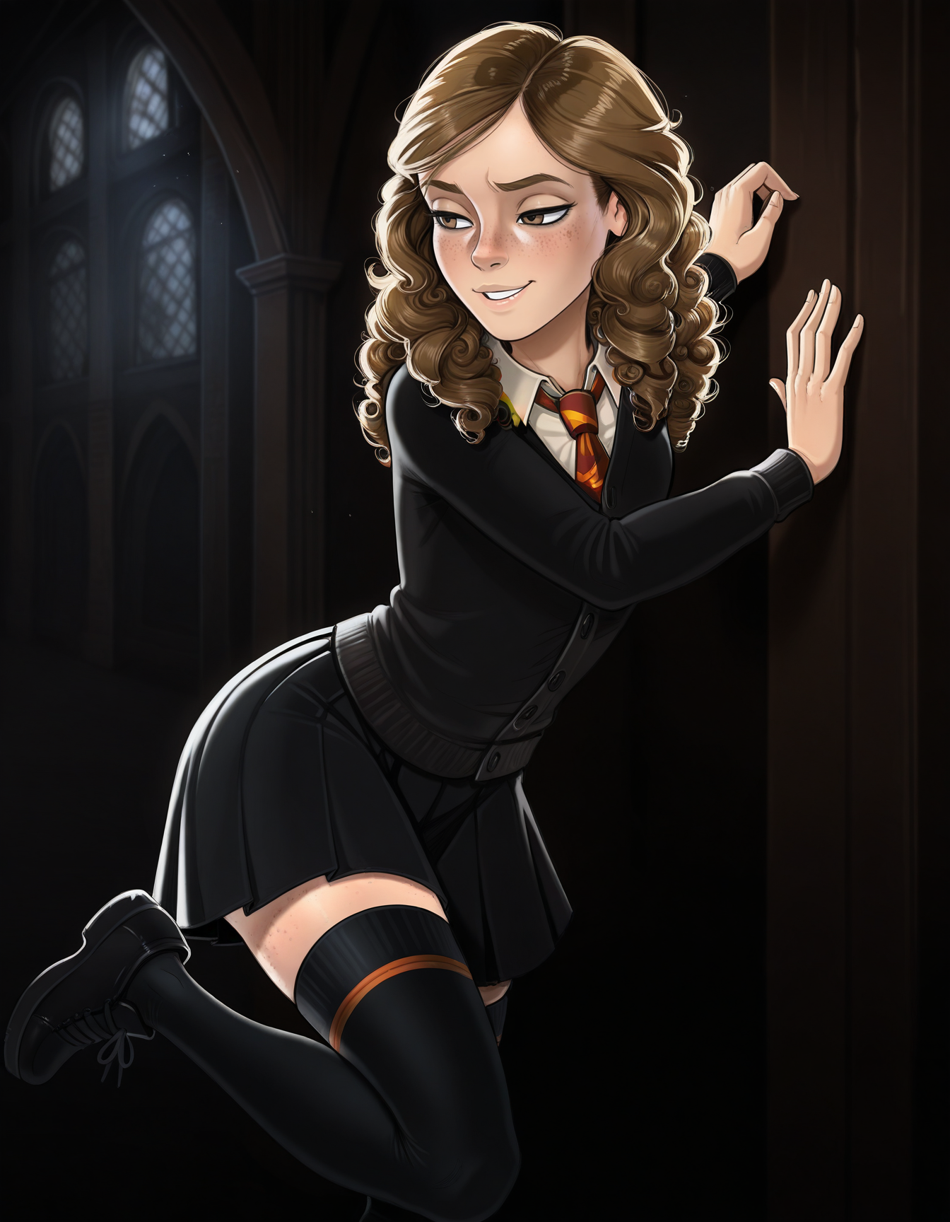 detailed, masterpiece, best quality, 
collared shirt, cardigan, necktie, hogwarts school uniform, pleated skirt, thighhighs, shoes, 
indoors, dark background, 
1girl, solo, standing, against wall, 
<lora:shdmn-hermione:1>, xhermionex, brown hair, long hair, curly hair, brown eyes, freckles,
