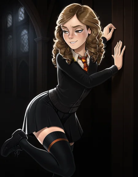 detailed, masterpiece, best quality,
collared shirt, cardigan, necktie, hogwarts school uniform, pleated skirt, thighhighs, shoes,
indoors, dark background,
1girl, solo, standing, against wall,
<lora:shdmn-hermione:1>, xhermionex, brown hair, long hair, curly hair, brown eyes, freckles,