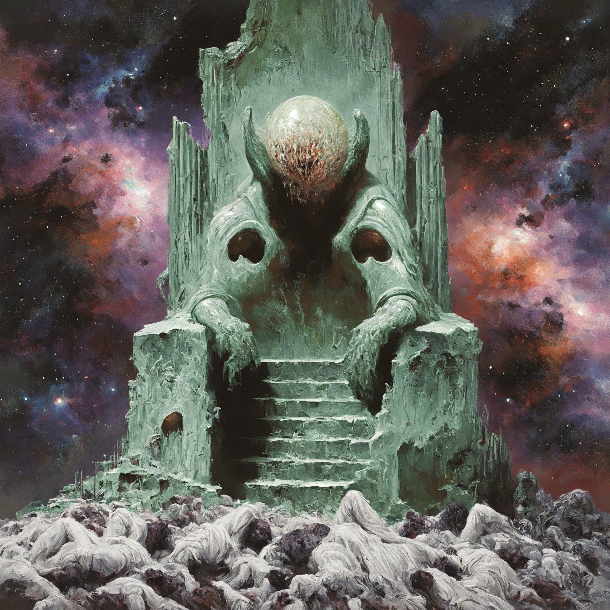 masterpiece, best quality, faux traditional media, acrylic paint \(medium\), painting \(medium\),  monster, pile of corpses, eldritch abomination, nebula, space, ruins, throne, statue<lora:EliranKantor_V1_Noob:1.0>