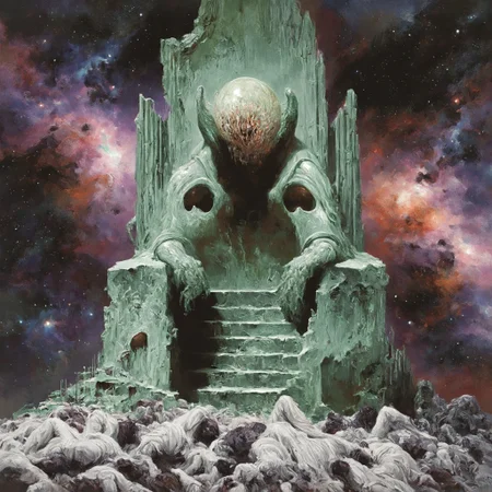 masterpiece, best quality, faux traditional media, acrylic paint \(medium\), painting \(medium\),  monster, pile of corpses, eldritch abomination, nebula, space, ruins, throne, statue<lora:EliranKantor_V1_Noob:1.0>