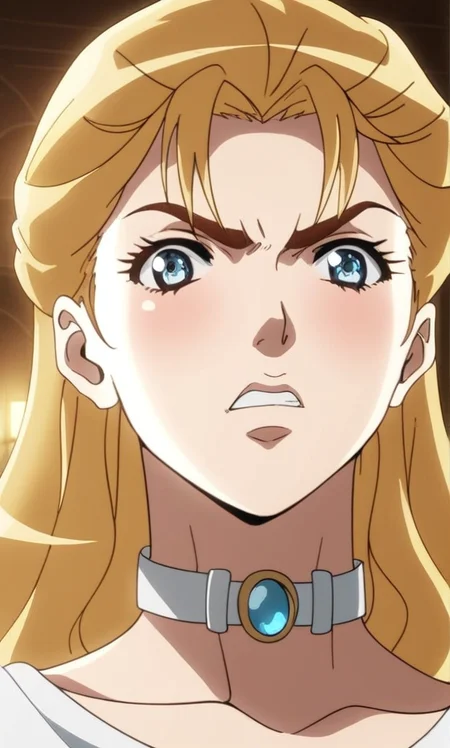 j0j0, score_8_up, score_7_up, source_manga, rating_explicit, <lora:j0j0XLP:0.4>, er1n4a, girl, blonde hair, big blue eyes, long hair, jewelled choker, angry expression, mouth closed, close up, in the livingroom of a mansion, sun shines through the window, old 18th century furniture <lora:JoJos_Bizarre_Adventure_Erina_Pendleton_-_Pony:0.8> ,