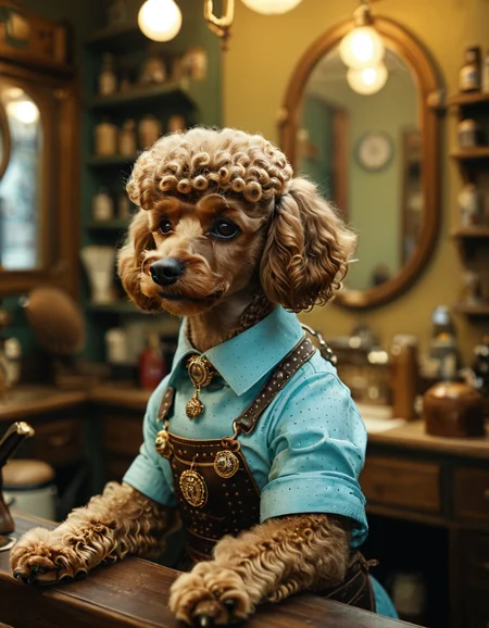 cinematic still poodle working as barber . emotional, harmonious, vignette, 4k epic detailed, shot on kodak, 35mm photo, sharp focus, high budget, cinemascope, moody, epic, gorgeous, film grain, grainy, poodle working as barber, very detailed, amazing quality, intricate, artistic, highly balanced, dramatic light, beautiful, sharp, perfect composition, aesthetic, innocent, stunning detail, creative, positive, cute, adorable, magical, mystical, iconic, fine, vibrant color, epic, best, grand, hopeful, wonderful, marvelous, fabulous, flowing, symmetry, striking