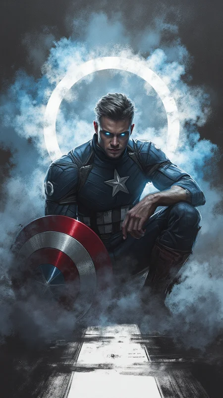 In a breathtaking 8K Charcoal Art wallpaper, a stunning Captain america combatant from the future crouches on one knee within a circle of Bomb light, his handsome face staring directly at the viewer. light swirl around him. With a subtle dynamic pose, he raises his right knee, exuding an air of power and readiness.Emission of a large light wave that burst out behind him enhanced the dark cyberpunk atmosphere. Up close, his detailed hands and face are rendered in photorealistic 2. 0 quality, with piercing blue glowing eyes that seem to pierce through the darkness. A masterpiece of cinematic experience, this stunning image transports the viewer into a world of high-tech fantasy.highlighting her curvaceous figure and toned physique, His gaze is directed forward,serious horror, in hyper-realistic fantasy illustrations , meticulously captured with precision and care, centered, perfect composition, overexposed image creating a striking and ethereal city atmosphere, sharp focus ensuring exquisite details, clear and bright elements highlighting his iconic ,expressive eyes filled with regal command and inner turmoil, the intricate details showcasing his shield and stoic pose, seamlessly merging realism with fantasy, celebrating the essence of power and his inner conflicts in a visually stunning and imaginative setting, a newyork street in sketching background is detailed and evokes an eerie alien atmosphere, in the style of H R Giger --ar 9:16 --sref 145864451 --sw 700 --stylize 1000,charcoal \(medium\)