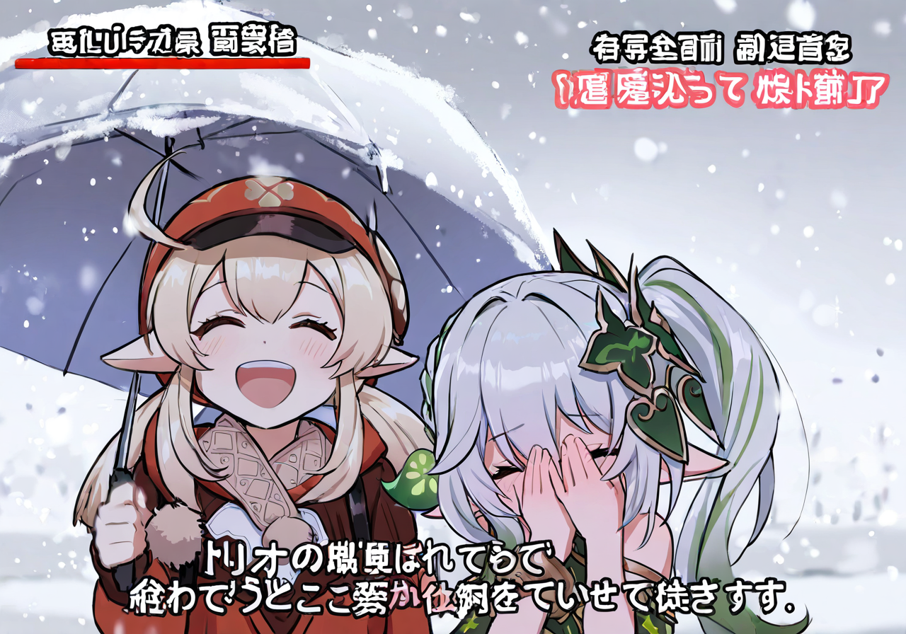 masterpiece,best quality,2girls,nahida \(genshin impact\),klee \(genshin impact\),
special feeling (meme),^ ^,covering face,holding umbrella,microphone,meme,snowing,