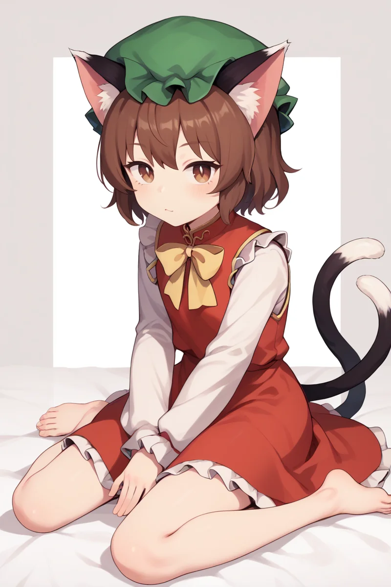 score_9, score_8_up, score_8, score_9, 1 girl, source_anime, <lora:chen_pony-10:1>, chen, brown hair, brown eyes, cat ears, red dress, long sleeves, green hat, mob cap, two tails, flat chest, white_sleeves, yellow ribbon, frills, <lora:deadflow_v2:0.8>, sitting, feet, barefoot