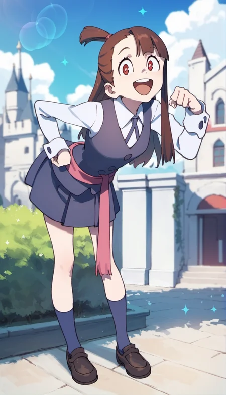 score_9,score_8_up,score_7_up,
<lora:AtsukoKagari:0.9>,akkokagari,
1girl,solo,brown hair,long hair,bangs,short ponytail,pink hair tie,red eyes,starry eyes,looking at viewer,open smile,white long sleeve shirt,white collar,bowtie,dark blue vest,pink waist ribbon with wand,dark blue short skirt,blue socks,leather shoes,full body,standing,leaning forward,clenched fists held close to face,sparkles around head,face focus,
blurry background,outdoors,bloom,light particles,lens flare,cloud,cityscape,magic academy,castle,garden,courtyard,