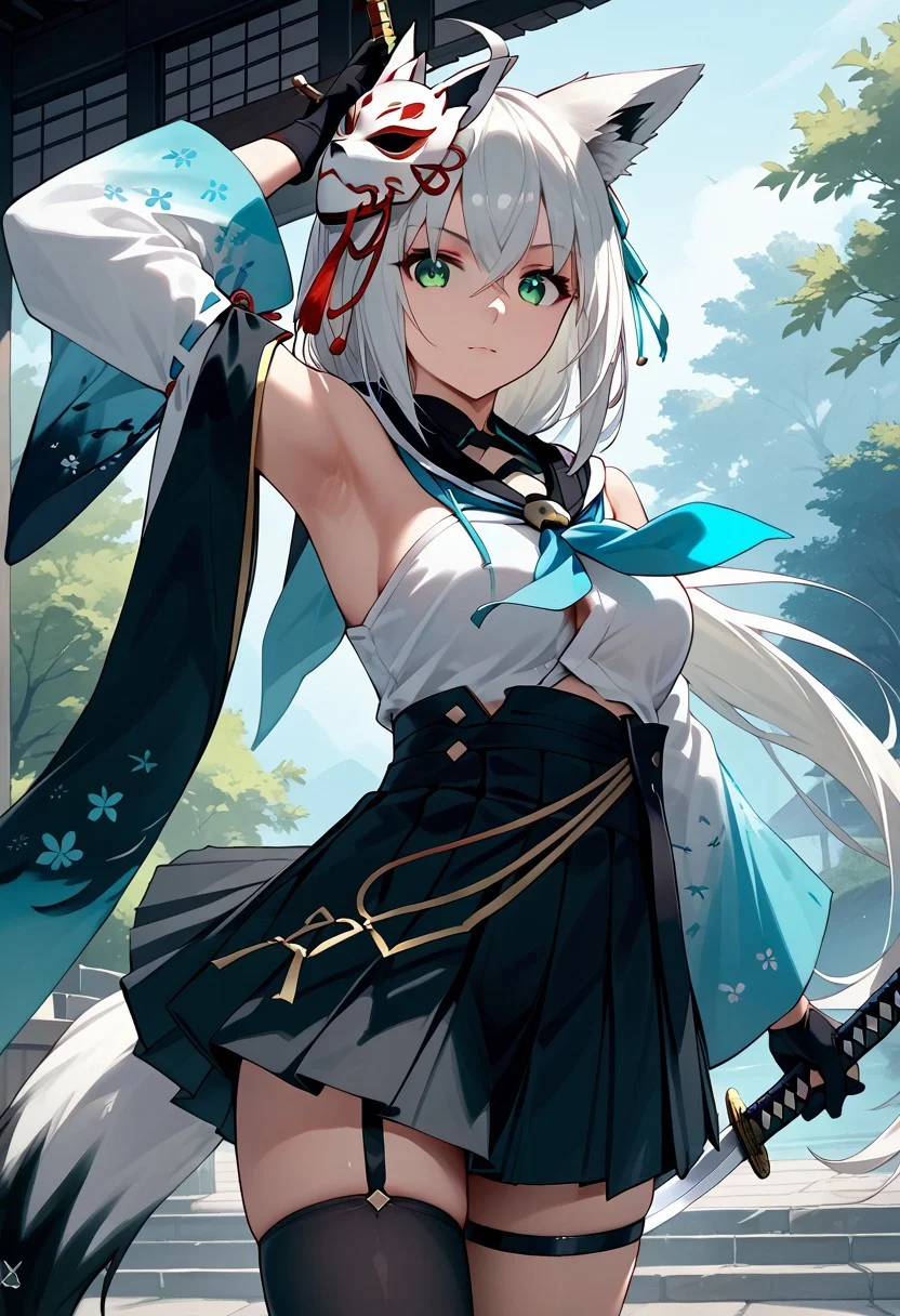 score_9,score_8_up,score_7_up,source_anime, SHIRAKAMI_FUBUKI,1girl,solo,long hair,breasts,looking at viewer,bangs,skirt,thighhighs,gloves,navel,holding,animal ears,hair between eyes,medium breasts,green eyes,tail,weapon,ahoge,white hair,sidelocks,pleated skirt,detached sleeves,japanese clothes,black gloves,sword,black thighhighs,virtual youtuber,wide sleeves,black skirt,armpits,holding weapon,arm up,neckerchief,fox ears,thigh strap,mask,fox tail,holding sword,katana,fox girl,single thighhigh,sheath,mask on head,blue neckerchief,fox mask,unsheathing,