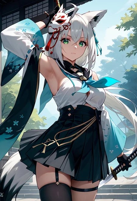 score_9,score_8_up,score_7_up,source_anime, SHIRAKAMI_FUBUKI,1girl,solo,long hair,breasts,looking at viewer,bangs,skirt,thighhighs,gloves,navel,holding,animal ears,hair between eyes,medium breasts,green eyes,tail,weapon,ahoge,white hair,sidelocks,pleated skirt,detached sleeves,japanese clothes,black gloves,sword,black thighhighs,virtual youtuber,wide sleeves,black skirt,armpits,holding weapon,arm up,neckerchief,fox ears,thigh strap,mask,fox tail,holding sword,katana,fox girl,single thighhigh,sheath,mask on head,blue neckerchief,fox mask,unsheathing,