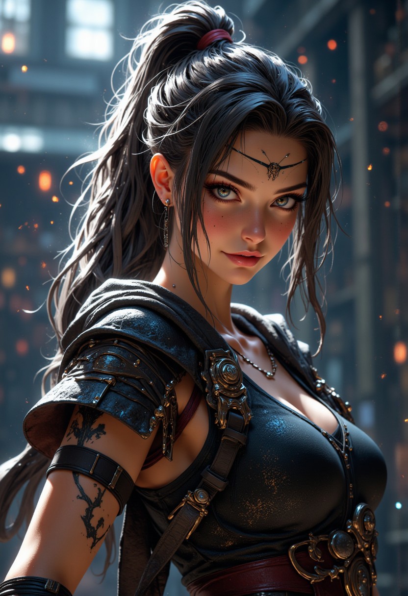 hyperrealistic full body image of a female character who seamlessly blends the most iconic traits from a diverse array of celebrated anime and video game heroines. She should exude strength, intelligence, and grace, reflecting the qualities that have made these characters stand out. Facial Features: Eyes: Possess the fierce determination seen in characters like Mikasa Ackerman, with sharp, expressive eyes that convey both resolve and compassion. Hair: A fusion of styles, combining the elegance of Sailor Moon's flowing locks with the practicality of Lara Croft's braid, resulting in a versatile and iconic hairstyle. Expression: A confident and enigmatic smile, reminiscent of Bayonetta's allure, yet tempered with the kindness of Aerith Gainsborough. Body and Posture: Build: Athletic and toned, reflecting the physical prowess of Samus Aran, while maintaining the femininity of characters like Tifa Lockhart. Stance: A poised and balanced posture, ready for action, full body, action pose dynamic particle effects, UNREAL ENGINE 5.4, HYPER REALISTIC, dynamic lighting, depth of field. Attention to Details, 8k Resolution. <lora:dark_fantasy_flux:0.83> <lora:FredFraiStyle-FLUX-Share:0.63> <lora:sxz-Dark-Fantasy-v2-Flux:0.33> drkfnts style, <lora:flux.1_lora_flyway_Epic-Characters_v1:0.33>