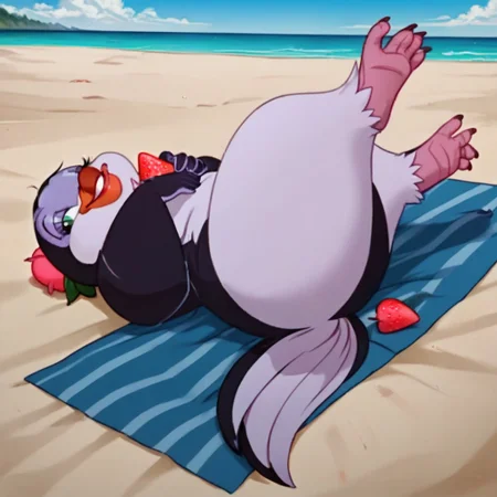 score_9, score_8_up, score_7_up, BREAK, 1girl, female penguin, on the beach, cloud, green eyes, purple skin, bird, hairy, lying on a blanket, full body, hands on the back of her neck, smiling, holding a strawberry, holding the strawberry