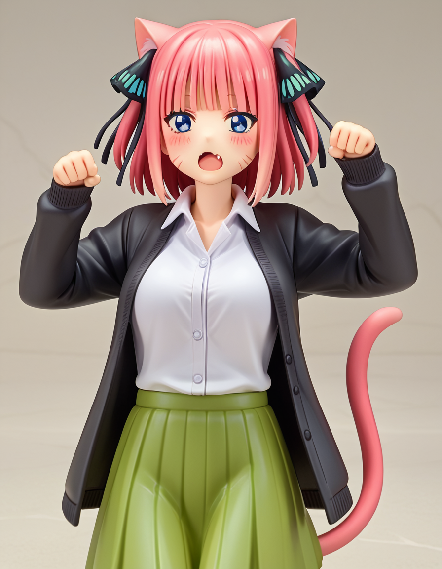 score_9, score_8_up, score_7_up, source_anime,
ninonakano, <lora:nino-nakano-s2-ponyxl-lora-nochekaiser:0.5>, 
nino nakano, short hair, bangs, blue eyes, hair ornament, hair ribbon, pink hair, blunt bangs, two side up, butterfly hair ornament, mature female,
skirt, shirt, long sleeves, white shirt, pleated skirt, open clothes, collared shirt, sleeves past wrists, dress shirt, cardigan, green skirt, open cardigan, black cardigan,
<lora:alter-figurines-ponyxl-lora-nochekaiser:1>, alter figurine, 1girl, blush, solo, <lora:paw-pose-ponyxl-lora-nochekaiser:0.5>, paw pose, cat ears, cat tail, animal ears, tail, cat girl, open mouth, fang, whiskers,