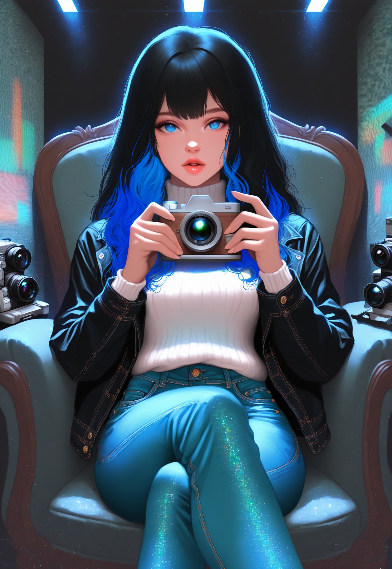 masterpiece, very aesthetic, absurdres, Chr0m1um Style, lips, long hair, blue eyes, denim, jeans, looking at viewer, 1girl, sitting, crossed legs, solo, camera, pants, sweater, white sweater, solo focus, jacket, black hair, holding, multicolored hair, chair, parted lips, holographic, embossed, chromium, glitter