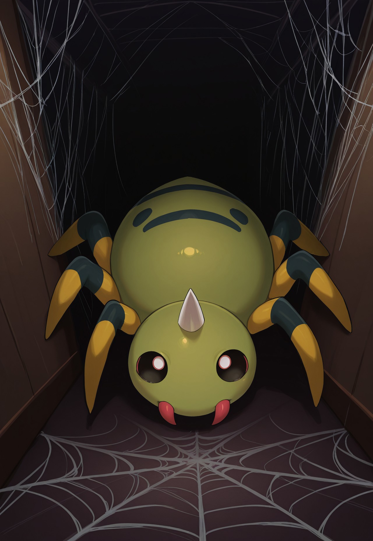 masterpiece, best quality, amazing quality, very aesthetic, absurdres, PKMN_Spinarak, 1other, solo, full body, single horn, green skin, red fangs, yellow legs, black body markings, looking at viewer, spider web, on spider web, silk, dark, night, indoors, corner, perspective