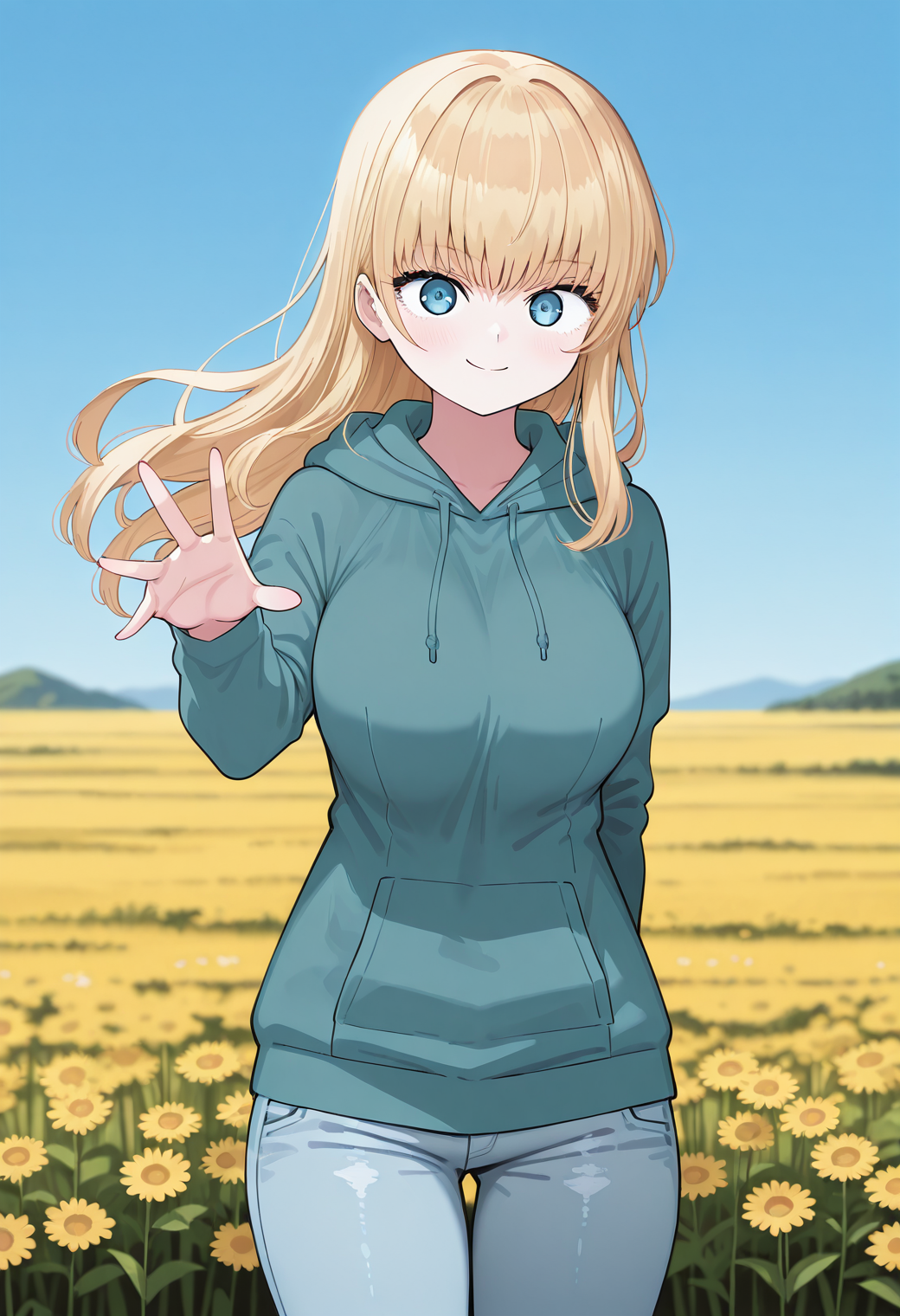 _shia, blue eyes, blonde hair, long hair, hoodie, hood, jeans, <lora:hoshino_shia_illustrious_ver1:0.8>
smile,, masterpiece, best quality, general,, 1girl, solo, (field:1.2), (blue sky:1.2), looking at viewer,, (cowboy shot, dynamic pose:1.4),