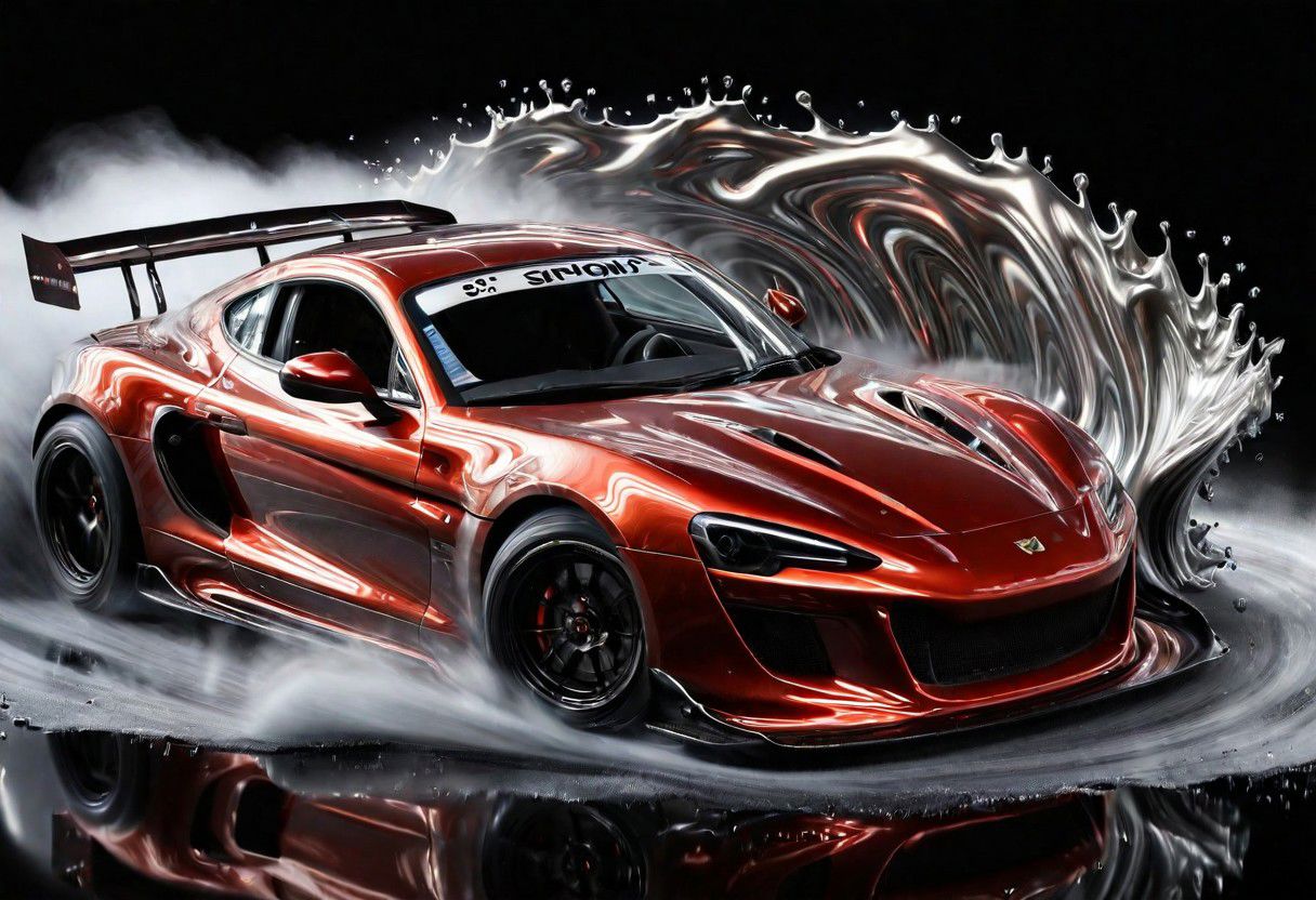 RED sports car, race car, racing through SILVER LIQUID METAL, liquid metal sprays up from the cars tyres, Car drifting sidewys in a black void