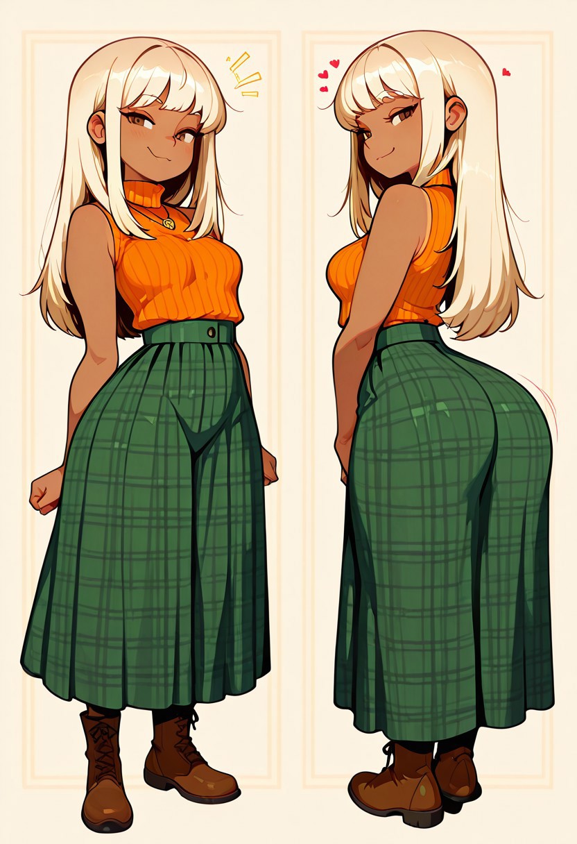 masterpiece, best quality, newest, absurdres, highres, aijalon, ppka, 1girl,  thick voluptuous female, , looking at viewer, blonde platinum hair,tanned, thick thighs, eager, flirty, , medium length hair, bangs, office background, orange turtleneck sweater, green skirt,  smug, slutty, becokning, bent down, standing, straight legs, 
, vivid high contrast colors, , ,Portrait, 1girl, , ,, eyes,pupils,,  ,bold lines, thick lines,  straight posture,, innocent, adorable, warm,  pretty,  seductive , standing, round ass,   , hearts, love, cowboy shot, mid riff, naval, 
),round gold earrimgs,, cleavage, petite breasts ,,ttbo, hip dips, thick thighs, thick adult curvy woman , reashg, blonde hair, long hair, brown eyes, orange sweater, sleeveless turtleneck, necklace, green skirt, plaid skirt, long skirt, ((full body))  Brown boots, big ass, partial side view, arching back