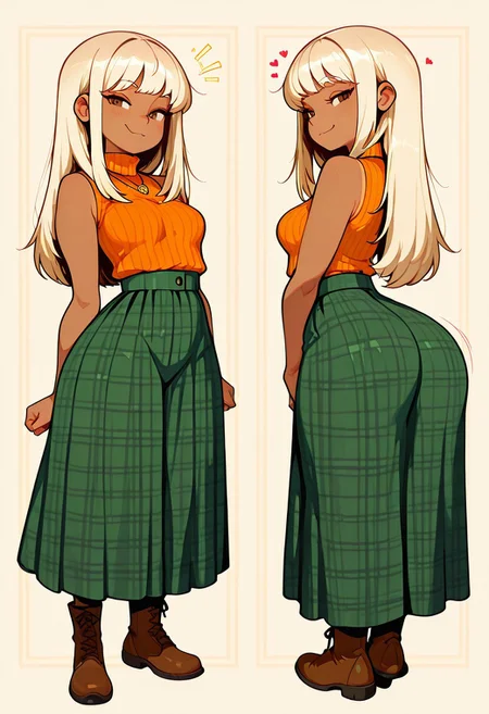 masterpiece, best quality, newest, absurdres, highres, aijalon, ppka, 1girl, thick voluptuous female, , looking at viewer, blonde platinum hair,tanned, thick thighs, eager, flirty, , medium length hair, bangs, office background, orange turtleneck sweater, green skirt, smug, slutty, becokning, bent down, standing, straight legs,
, vivid high contrast colors, , ,Portrait, 1girl, , ,, eyes,pupils,, ,bold lines, thick lines, straight posture,, innocent, adorable, warm, pretty, seductive , standing, round ass, , hearts, love, cowboy shot, mid riff, naval,
),round gold earrimgs,, cleavage, petite breasts ,,ttbo, hip dips, thick thighs, thick adult curvy woman , reashg, blonde hair, long hair, brown eyes, orange sweater, sleeveless turtleneck, necklace, green skirt, plaid skirt, long skirt, ((full body)) Brown boots, big ass, partial side view, arching back