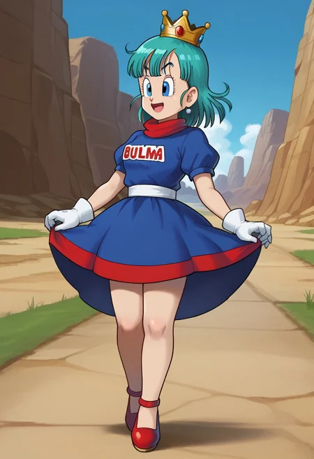 bulma \(dragonball\), aqua hair, blue eyes,blue dress,tiara,crown,
crown, dress, gem, gloves, puffy short sleeves, puffy sleeves, short sleeves, white gloves, full body,. kingdom,