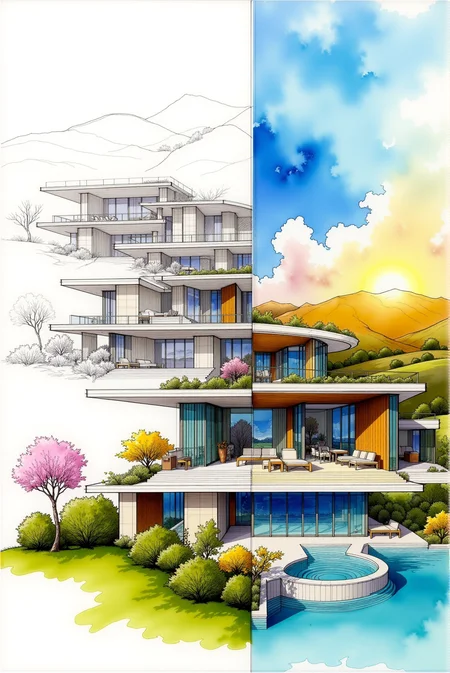<lora:Watercolor_sketch_v.1:0.85> Watercolorsketch style. A split-composition artwork highlighting the transformation of an architectural idea into a tangible masterpiece. The left side represents the sketch phase, rendered in soft pencil and ink, showing the villaâs intricate structure, a spiraling design motif, and measured proportions. The right side transitions into the finished villa, vibrant and dynamic, with warm sunlight bathing the modern structure. Highlight details such as the wooden paneling, glass walls, cascading greenery, and a pristine pool that incorporates the golden spiral design. The background features rolling meadows, blossoming shrubs, and softly lit trees, enhancing the tranquility and balance of the scene.