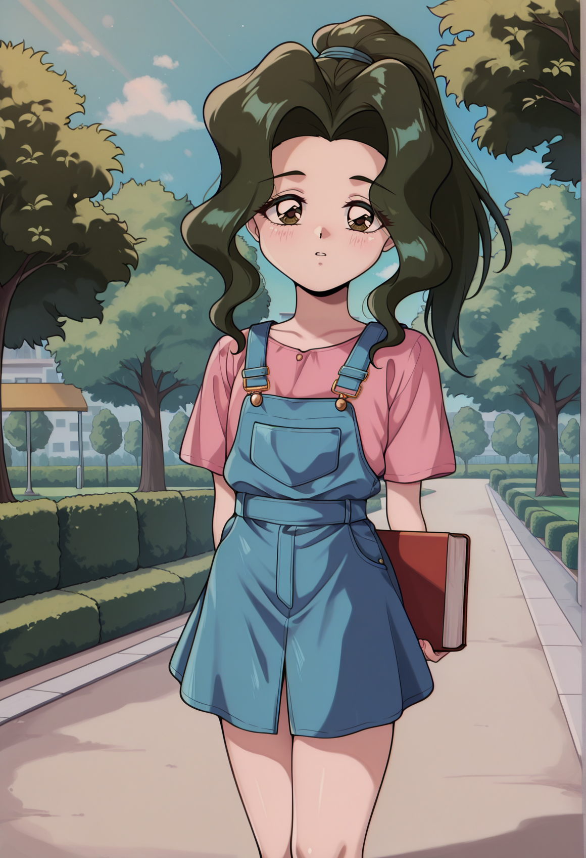 1girl, retro artstyle, 1990s \(style\), long hair, black hair, curly hair, sidelocks, ponytail, Brown eyes, overalls, skirt, flat chest, holding book, outdoors, park, looking at viewer, expresionless <lora:Jungle_de_Ikou_illus:1>, masterpiece, best quality, amazing quality, very aesthetic, absurdres, highres, newest