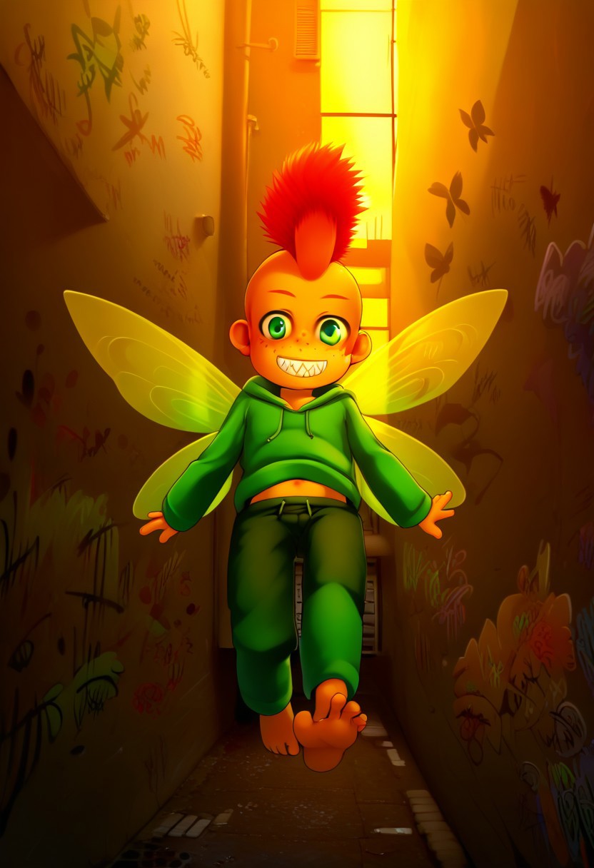 score_9, score_8_up, score_7_up, detailed eyes, source_cartoon,  manga_source,   BREAK
petite, young, solo, child, fairy, butterfly wings, (floating:1.5), flying,anime style,
type-h, solo, looking at viewer, sharp teeth, toothy grin, short hair, long sleeves, 1boy, freckles, green eyes, (mohawk:1.5), red hair, male focus, outdoors, alley, (graffiti on walls:1.5), hood, window, hoodie, from below, sunlight, thick eyebrows, spiked hair, lens flare,  green hoodie, shorts, croptop, crop top, belly exposed, navel exposed, feet outstretched,