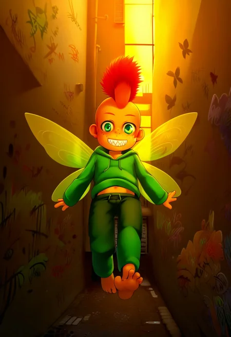 score_9, score_8_up, score_7_up, detailed eyes, source_cartoon, manga_source, BREAK
petite, young, solo, child, fairy, butterfly wings, (floating:1.5), flying,anime style,
type-h, solo, looking at viewer, sharp teeth, toothy grin, short hair, long sleeves, 1boy, freckles, green eyes, (mohawk:1.5), red hair, male focus, outdoors, alley, (graffiti on walls:1.5), hood, window, hoodie, from below, sunlight, thick eyebrows, spiked hair, lens flare, green hoodie, shorts, croptop, crop top, belly exposed, navel exposed, feet outstretched,