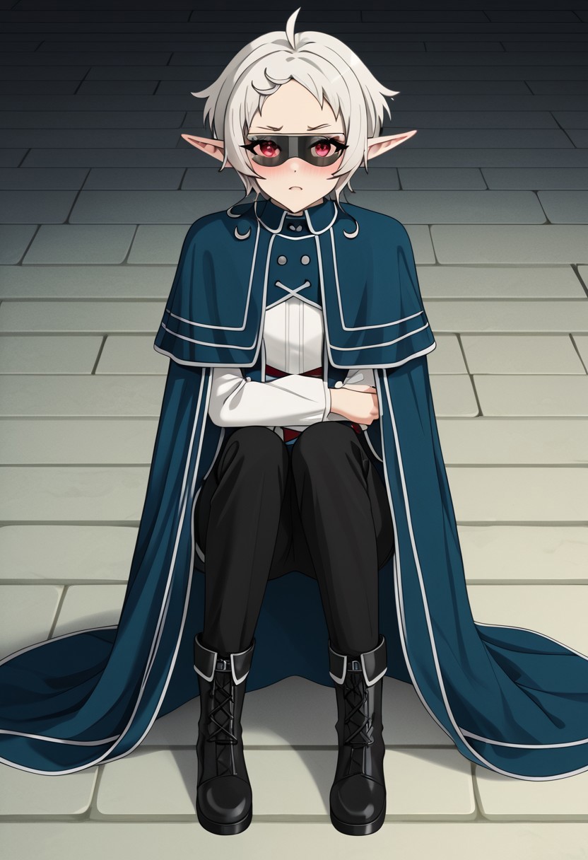 1 girl, small breasts, small ass, in single focus, looking at the viewer, blush, embarrassment, front view, Sylphiette, sunglasses, pants, capelet, black pants, cape, red eyes, long sleeves, boots, pants, uniform, shirt, white shirt, white hair, skinny, red eyes, pointed ears, in the bedroom, sitting on the floor on his knees, clear image, (masterpiece:1.2), easy to remove, ng_deepnegative_v1_75t, best quality,<lora:guizhencaoXL-000018:1>, General detail, Expressive, very bad image, negative image in 1.3 format, high resolution, unity wallpaper in 8k format, extremely detailed face, extremely detailed computer graphics (perfect hands, perfect anatomy, perfect eyes, five fingers)