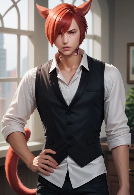 grahatiaffxivdsk, miqo'te, 1boy, male focus, solo, animal ears, cat ears, red hair, cat boy, tail, indoors, cat tail, black pants, short hair, facial mark, pants, shirt, neck tattoo, vest, upper body, white shirt, red eyes, portrait, realistic, hand on hip, holding, holding jacket, sleeves rolled up, hair over one eye, window, jacket removed, black vest PonyXLV6_Scores zPDXL