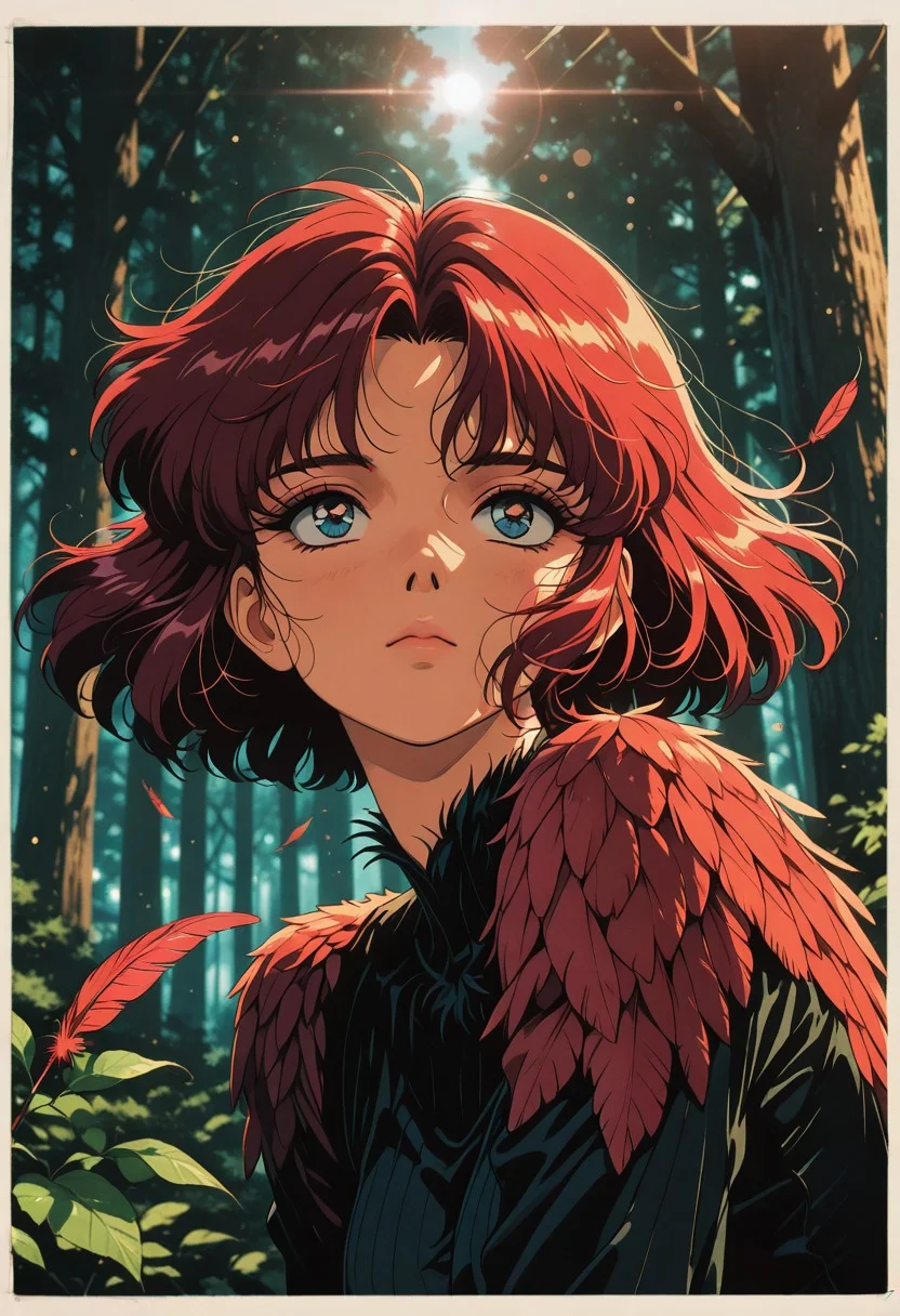 masterpiece, best_quality, amazing_quality, very_aesthetic, 8k, high_quality, highres, absurdres, subject_focus, anime screencap, anime coloring, pinkretroanime, retro art, in the style of cksc, dramatic lighting,, detailed eyes, perfect eyes, realistic eyes, extreme close up, bookeh, lens flare, depth of field,
cute monster with feathers
nature, leaves, forest,
outside border, dynamic perspective