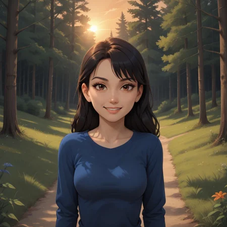 score_9, score_8, BREAK, solo, Mary_Wang_(Tales_of_Arcadia), 1girl, black hair, brown eyes, asian female, blue long sleeves shirt, self portrait, smile, looking at viewer, outdoors, sunlight, shadows, evening lighting, natural lighting, forest, trees, grass, orange sky, sunset