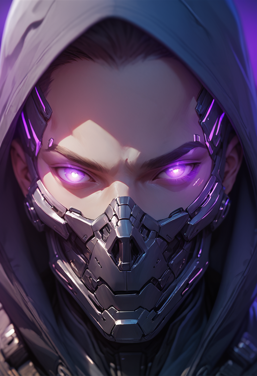 (score_9, score_8_up), score_7_up, purple background, 1boy, portrait, close up, looking at viewer, hood, mask, glowing, close-up, science fiction, glowing eye, cyborg,
Depth of field, blurring background, cinematic lighting
<lora:masky-000009:0.8>