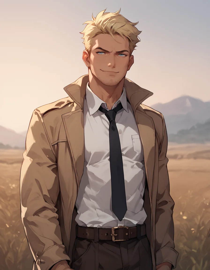 score_9, score_8_up, score_7_up, score_6_up, score_5_up, male focus, <lora:John_Constantine_-_Pony_2-000010:0.7>, john_c, blonde hair, light blue eyes, thick stubble, tan trench coat, white collared shirt, black necktie, belt, dark brown pants, cowboy shot, outdoors, evening, smirk