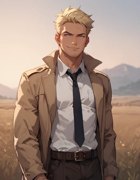 score_9, score_8_up, score_7_up, score_6_up, score_5_up, male focus, <lora:John_Constantine_-_Pony_2-000010:0.7>, john_c, blonde hair, light blue eyes, thick stubble, tan trench coat, white collared shirt, black necktie, belt, dark brown pants, cowboy shot, outdoors, evening, smirk