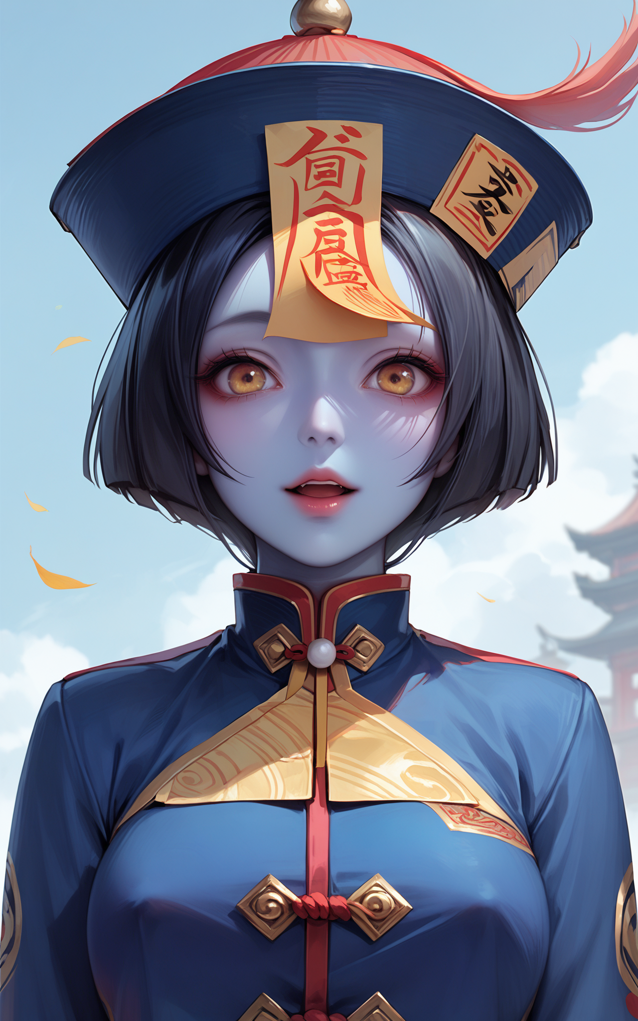 score_9,score_8_up,score_7_up,
<lora:jiangshiPony:1>,
jiangshi,1girl,solo,qing guanmao,open mouth,hat,black hair,ofuda,blue skin,short hair,colored skin,upper body,breasts,chinese clothes,talisman,bangs,looking at viewer,long sleeves,