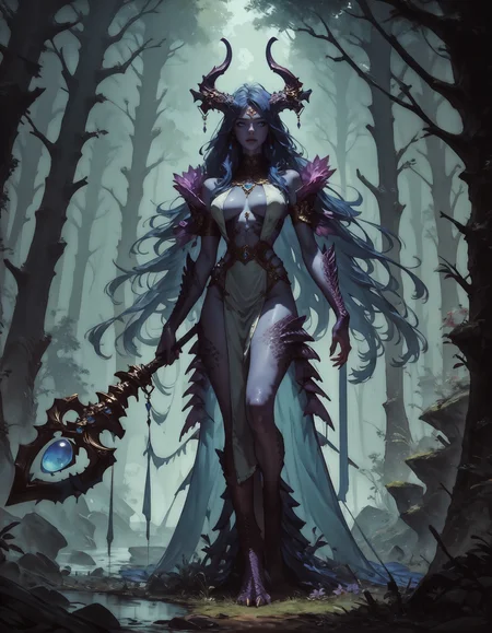 score_9, score_8_up, score_7_up, score_6_up, score_5_up, score_4_up, 1girl, solo, (full body), looking at viewer, monster girl, very beautiful, sorceress, holding a staff, long hair, horns, scales, blue and purple gradient skin, in the forest <lora:Kenva:0.8> knva, <lora:Concept Art Twilight Style SDXL_LoRA_Pony Diffusion V6 XL:0.8> concept art, <lora:Expressive_H-000001:0.8> expressiveh <lora:sinfully_stylish_SDXL>