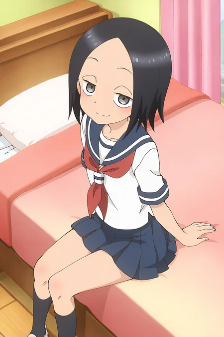 masterpiece,best quality,good quality,rating safe,, <lora:tsukimoto_sanae-ill_narcissu:1>,sanae, tsukimoto_sanae, karakai jouzu no takagi-san,1girl, solo, black hair, short hair, black eyes, grey eyes, bangs, parted bangs, serafuku, red neckerchief, blue sailor collar, short sleeves, white shirt,blue skirt,black socks,anime screencap,blush,sitting on the bed,looking at view,bedroom,smile