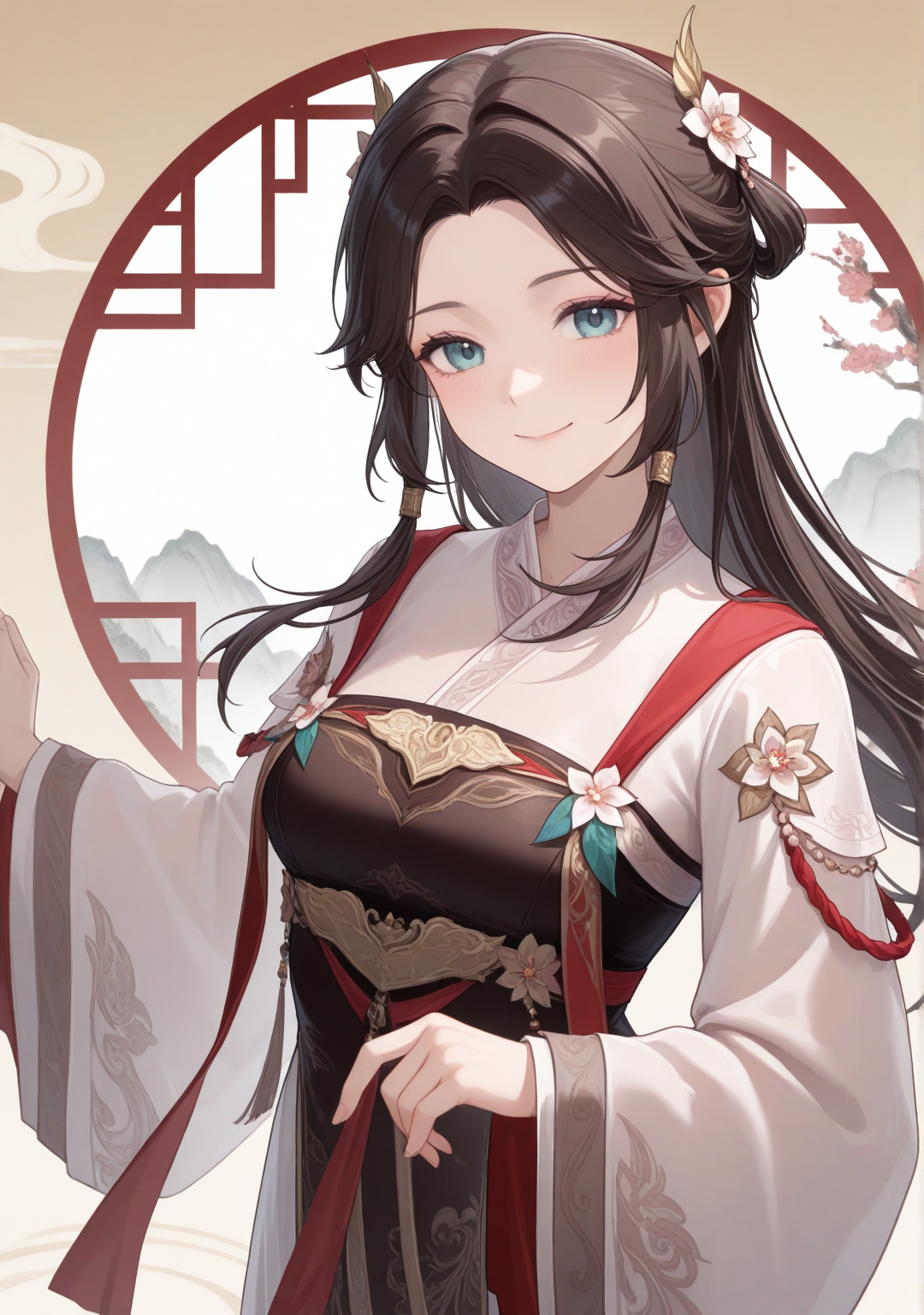 masterpiece,best quality,newest,absurdres,highres,very awa,
1girl,looking at viewer,<lora:lingshuxiu2:1>,lingshuxiu,dress,chinese clothes,hair ornament,smile,