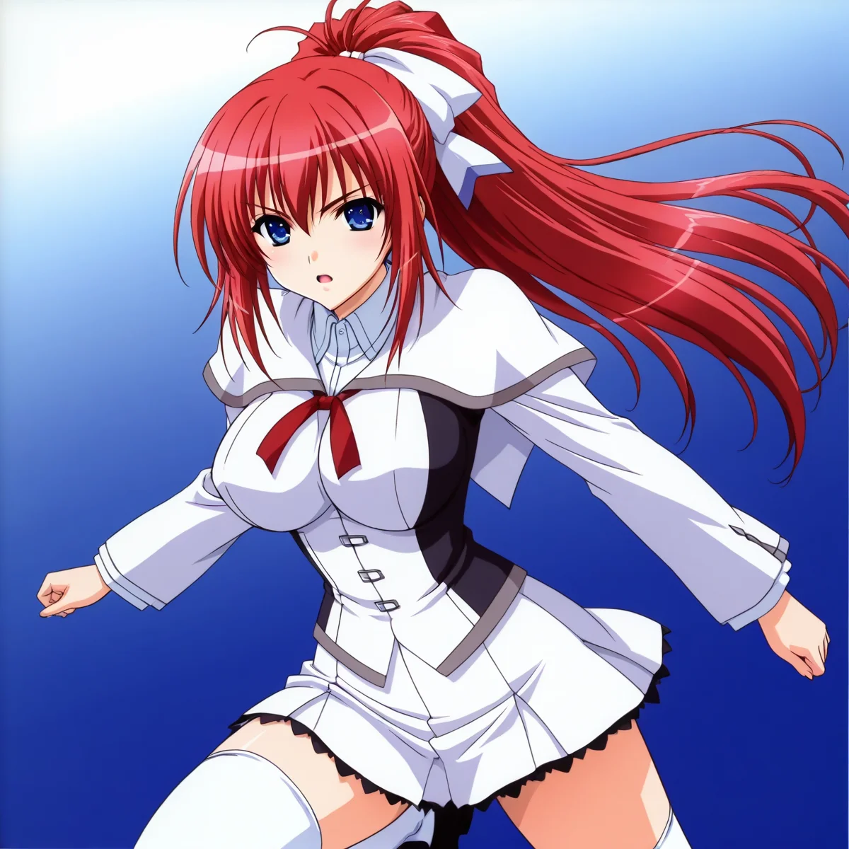 shiratori mikoto, school uniform, white short capelet, 1girl, solo, long hair, blue eyes, white fitted skirt with black frills, thighhighs, side white big hair bow, ponytail, red hair, white thighhighs, zettai ryouiki, high resolution, cowboy shot, looking on viewer, large breast, (white thight sleeves), (red ribbon tie under capelet), slender body, young-adult, lift the skirt, , open mouth, serious pose, black loafer, running,<lora:shiratori_mikoto_iny_ills:1>,<lora:Add_more_details_pony:0.8>