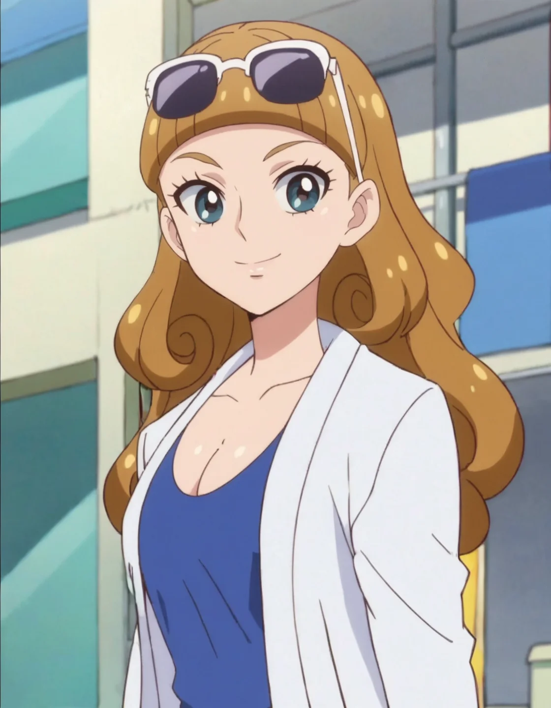score_9, score_8_up, score_7_up, anime screencap, solo,1girl,eyewear on head, solo, long hair, breasts, sunglasses, smile, brown hair, cleavage, blue eyes, medium breasts, labcoat, pants,cowboy shot,<lora:stella:0.8>