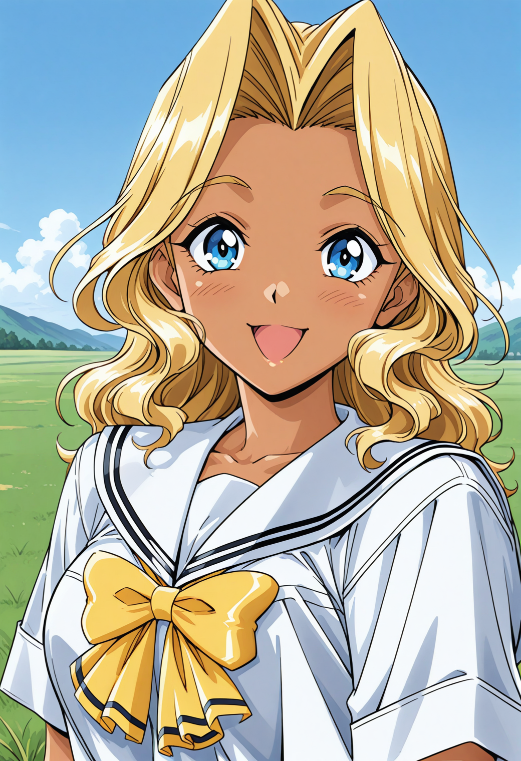 cindy_sakurai, blue eyes, blonde hair, long hair, dark skin, dark-skinned female, school uniform, serafuku, white sailor collar, yellow bowtie, white shirt, short sleeves, <lora:Graduation_cindy_sakurai_illustrious_ver1:0.8> 
smile,, masterpiece, best quality, very aesthetic, absurdres, general,, 1girl, solo, blue sky, (grasslands:1.2), looking at viewer,, (upper body:1.2), (close-up:1.2), (facing viewer:1.2), (open eyes:1.4), (portrait:1.2)