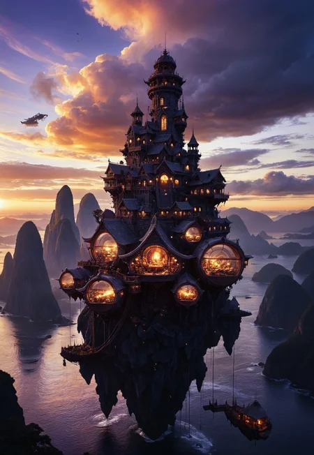 skies of arcadia,best quality, masterpiece, extremely detailed,  professional  art,  professional painting, intricate detail, dynamic composition,  back lighting, perfect shading, professional shading, bokeh, cool fill light, formidable, impenetrable, highly detailed,   far shot, giant floating island in the sky, onyx black castle, a peasant town surrounds it, lots of different dwellings, steampunk fantasy, sunset, purple clouds, lava falls, floating, cityscape, island